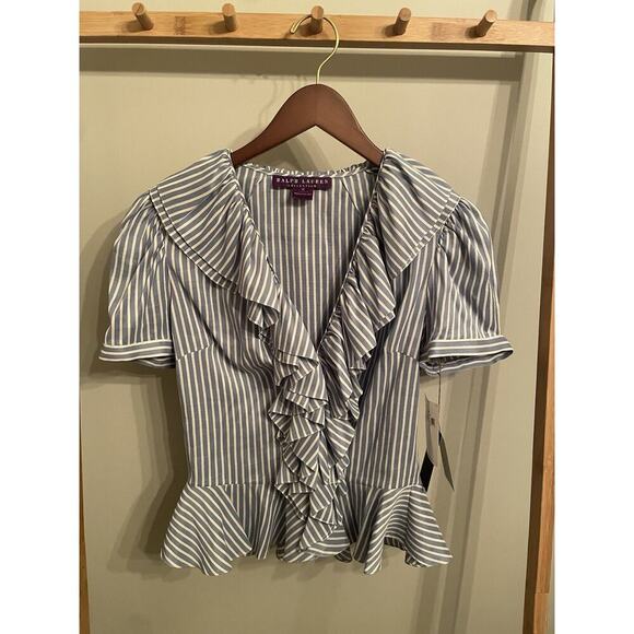 Ralph Lauren Collection Purple Label Blue Pinstripe Ruffle Silk Blouse Runway L - Picture 9 of 12